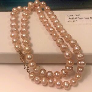 NIB 14K Solid Gold 7mm Natural Rose Pearl Necklace, SALE